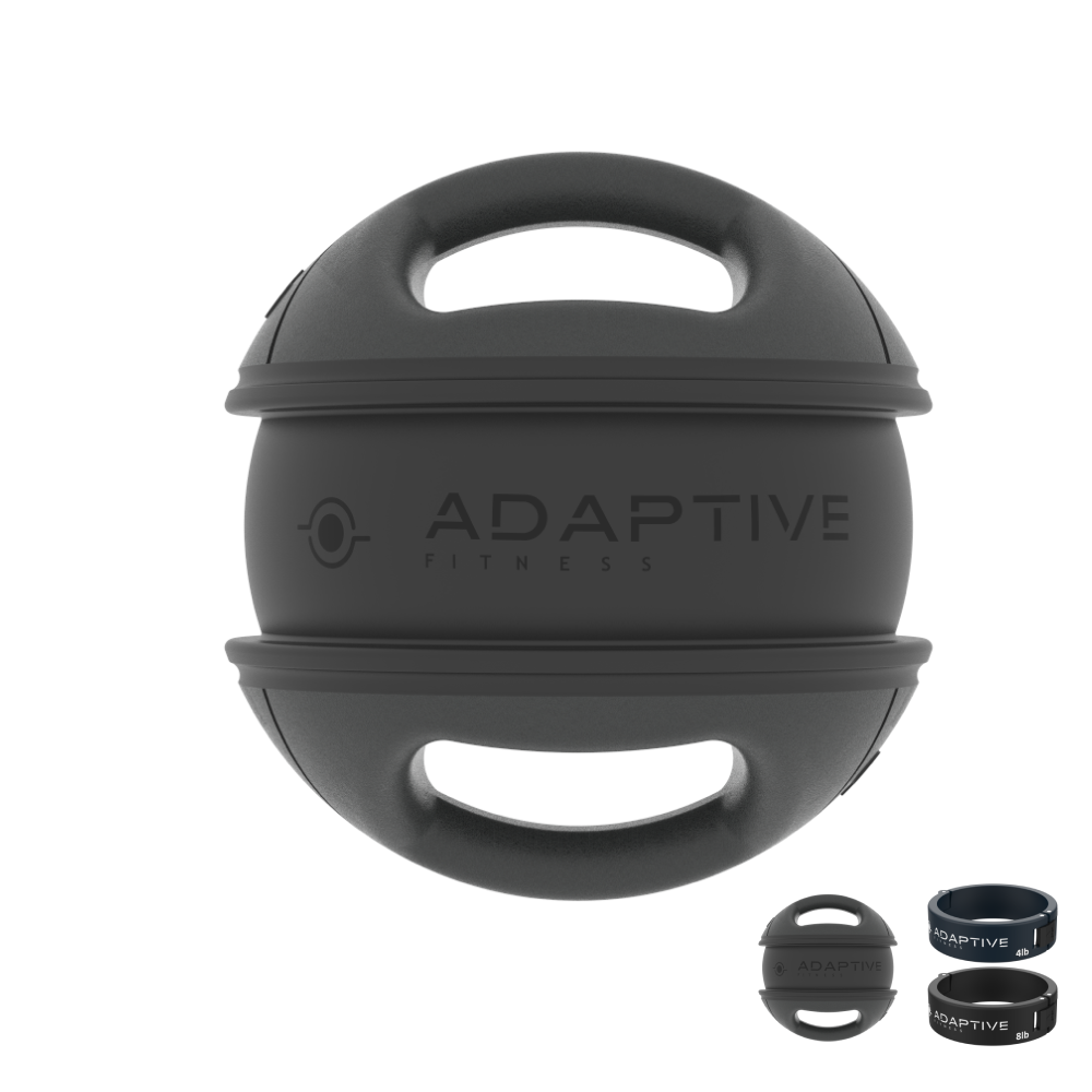 Adaptive Fitness 8 lb adjustable medicine ball with dual handles, no bands attached