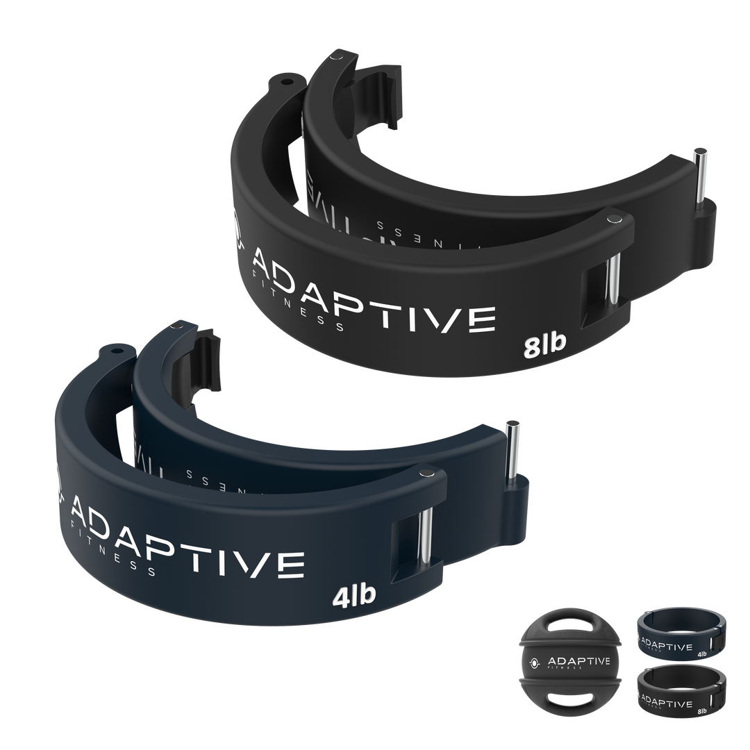 4lb and 8lb Weight Bands collapsed for Adjustable Medicine Ball from Adaptive Fitness