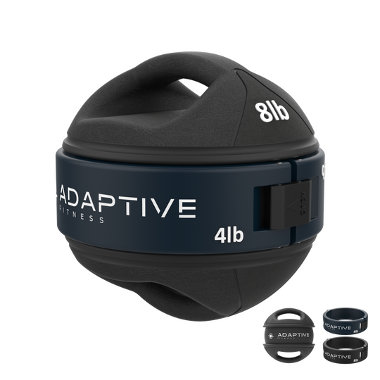 Diagonal View of Adaptive Fitness 8lb Adjustable Medicine Ball with Handles with 4lb Weight Band