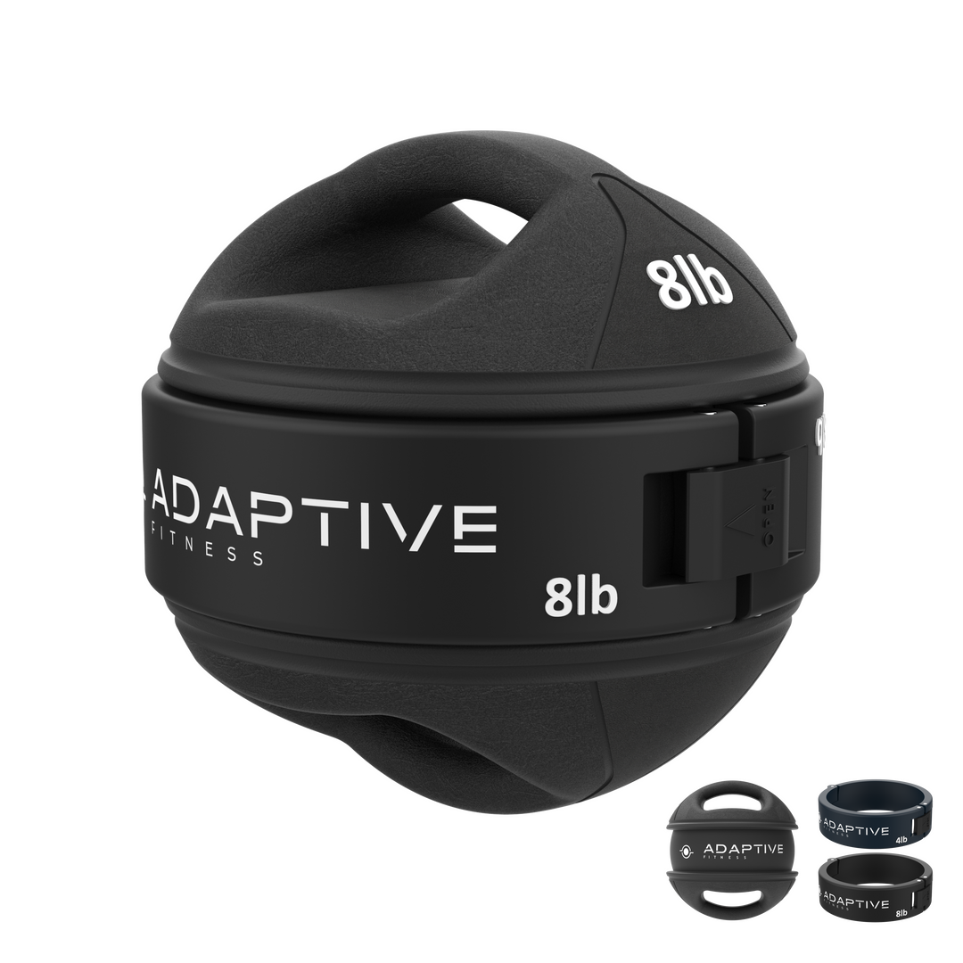 Diagonal View of Adaptive Fitness 8lb Adjustable Medicine Ball with Handles with 8lb Weight Band