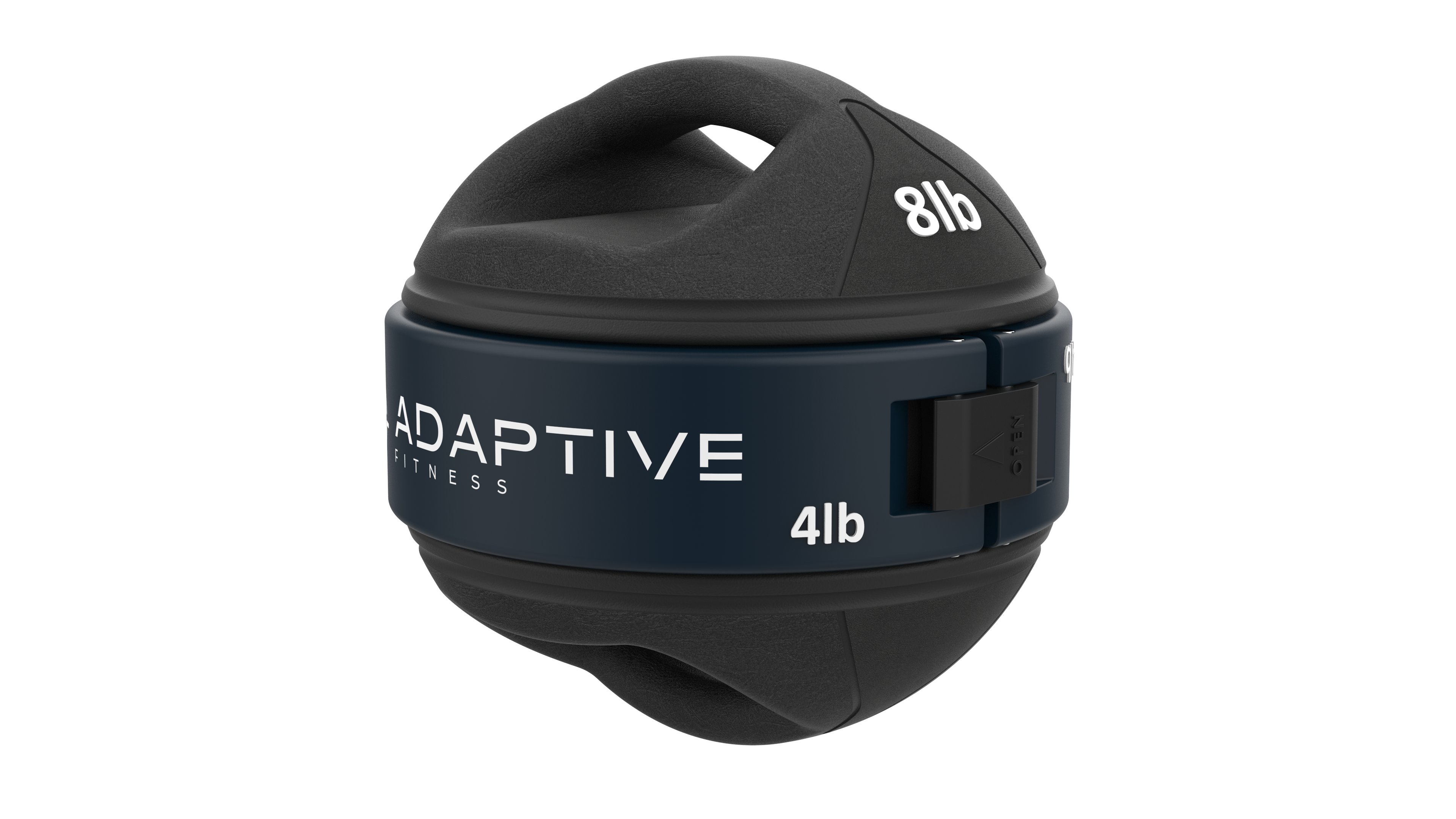 12lb adjustable medicine ball with blue 4lb band, 3/4 diagonal view
